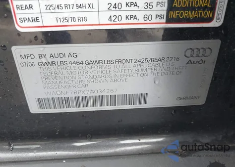 2007 Audi A3 2.0T from USA, damaged, VIN WAUNF78PX7A034267